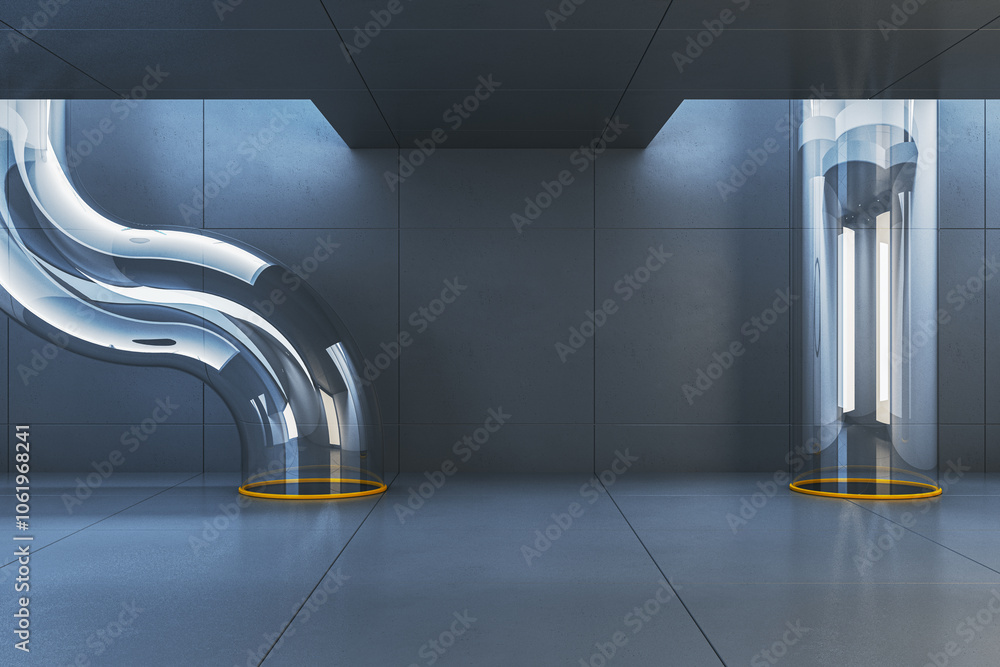 Poster Modern empty room with futuristic transparent tubes and minimalistic design. 3D Rendering