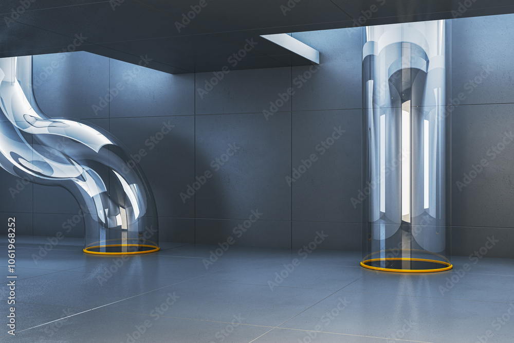Poster Futuristic empty interior with transparent tube structures and geometric design. 3D Rendering