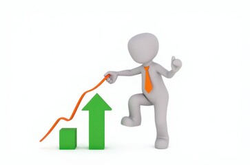 3d man red arrow success chart on white background.