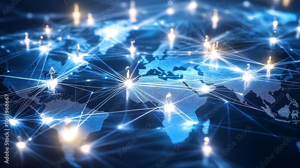 Poster Futuristic Global Network with Digital Map and Illuminated Connections for Cyber Innovations : Generative AI