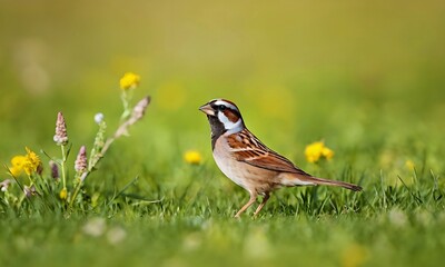 Close up of a sparrow on green spring grass in a flowering meadow.