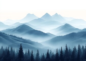 Serene mountain landscape with misty hills and dense forests.