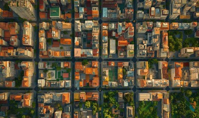 Aerial view of a dense city grid with diverse architectural styles, urban complexity, 3D illustration