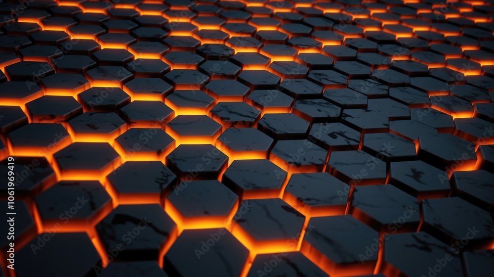 Poster screensaver or background of gray hexagons with orange hot lava between them. ai generative.
