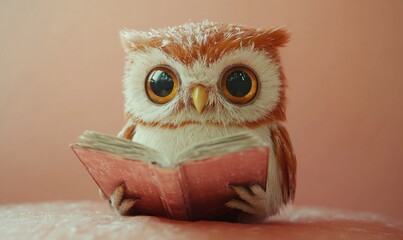 Fototapeta premium Watercolor owl reading a book, soft and charming on a blank canvas, 3D illustration