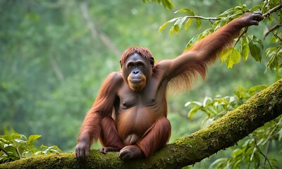Portrait of a cute orangutan. Close-up of an orangutan relaxing against a blooming jungle backdrop