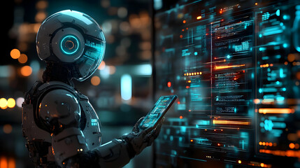 Fototapeta premium Robot with a Smartphone in a Futuristic Setting - 3D Illustration