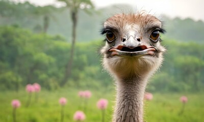 Close-up of an ostrich, its bulging eyes looking at the camera against a savanna backdrop