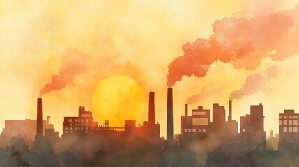 Obraz premium A factory skyline at sunset, illustrating industrial pollution with smoke rising against a colorful sky.
