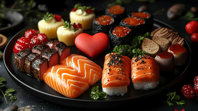 Food Platter with Salmon Sushi, Steak, and Desserts - Realistic Food Image