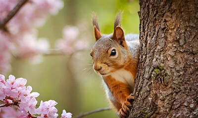 Cute red squirrel on tree in natural spring blooming park in warm morning light.