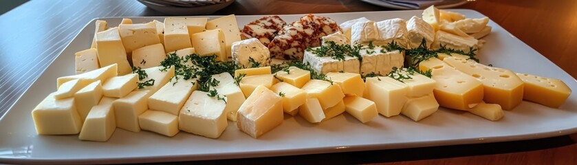 Delightful assorted cheeses artfully arranged on a pristine platter for a gourmet experience