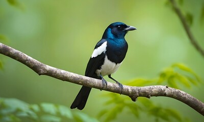Close-up portrait of a black-billed magpie (Pica hudsonia) perched on a bare tree branch