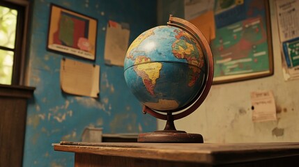 A globe on a desk in a room with blue walls and educational posters.