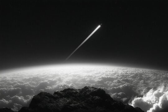  Night Sky with rocket taking off over Cloudscape and Rocky Horizon
