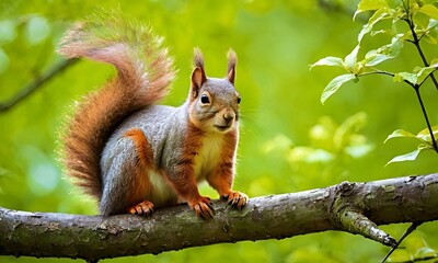 Cute red squirrel on tree in natural spring blooming park in warm morning light.