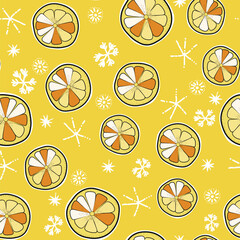 Seamless Christmas cozy winter New Year pattern with cute oranges, lemons, plants and snawflakes on color background. Vector illustration. Design for print, invitation, poster, card, fabric, textile