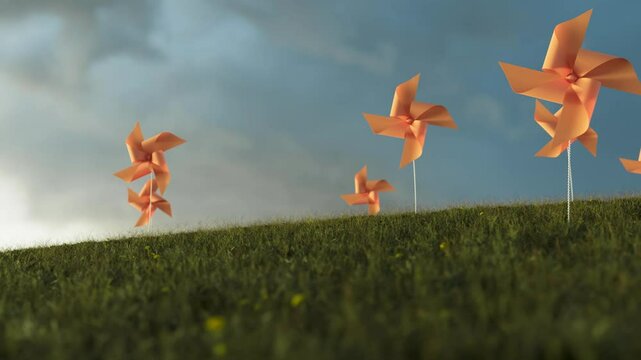 animation of a group of toy windmills standing on a meadow