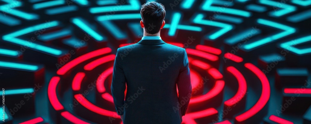 Poster a businessperson stands contemplatively in front of a glowing labyrinth pattern of red and blue ligh