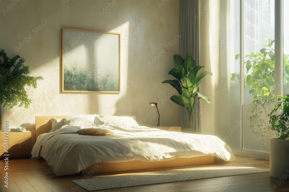 Poster creating a calming stylish minimalist bedroom design with natural colors and elements for a tranquil