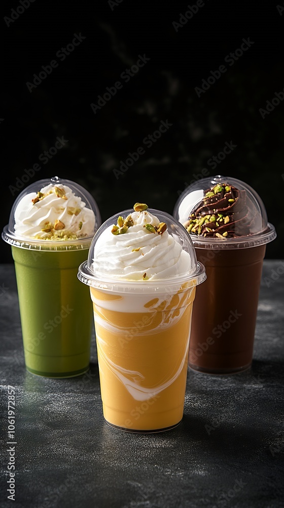 Poster assorted milkshakes with whipped cream and pistachio toppings in trio plastic cups : generative ai