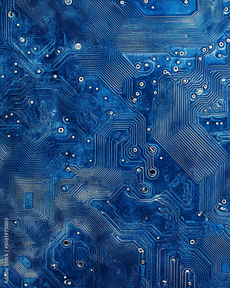 Poster A close-up of a blue circuit board with intricate patterns of wires and connections