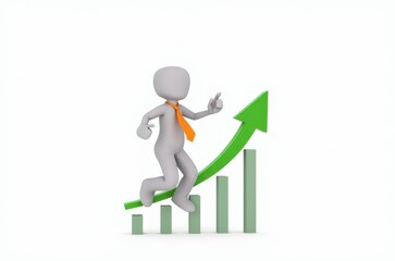 3d man red arrow success chart on white background.