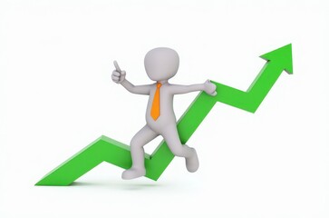 3d man red arrow success chart on white background.