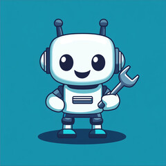 A cute robot holding an open wrench, in a simple flat style illustration logo design with a white background and blue color scheme.