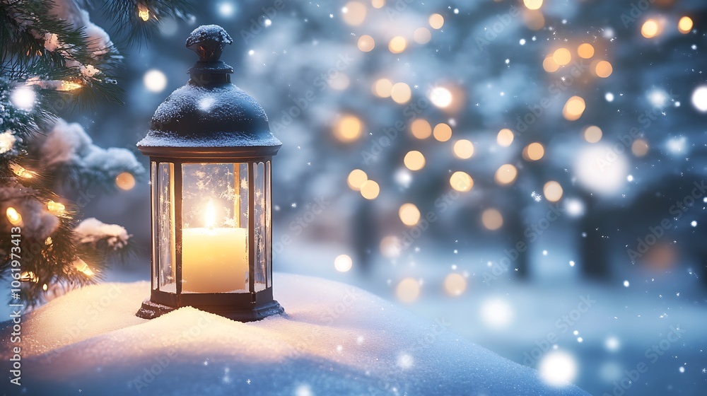 Poster enchanting winter lantern amidst glowing snowfall in tranquil christmas setting : generative ai