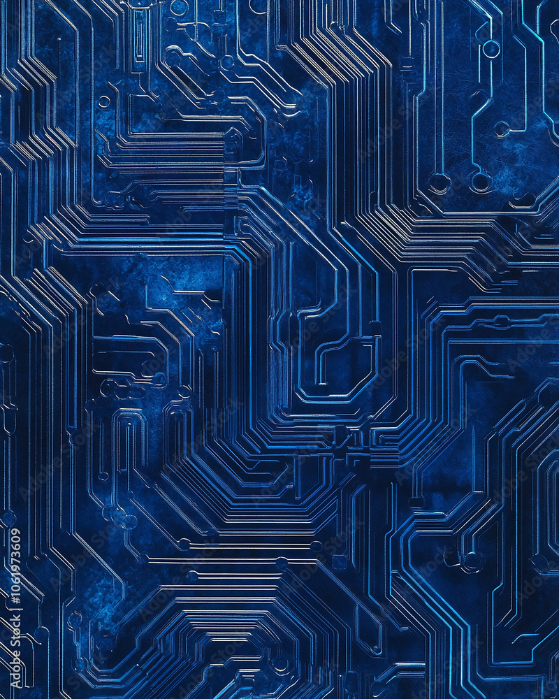 Poster a close-up view of a circuit board, showing intricate pathways and connections in a dark blue tone