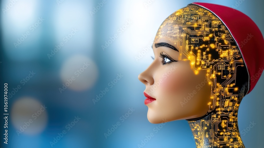 Poster intricate robot with holographic circuitry data