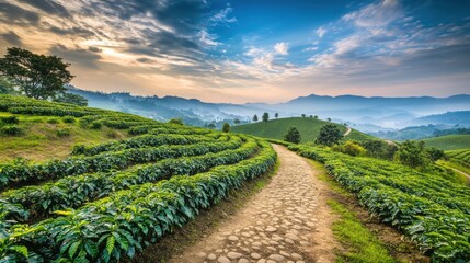 Naklejka premium Scenic landscape of rolling tea fields under a vibrant sky.