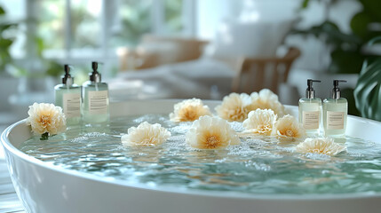 Fototapeta premium Relaxing Bathroom With Flowers And Bottles Illustration