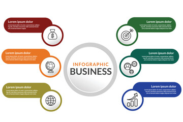 Circular infographic with six colorful rounded rectangles and icons representing business concepts and data analysis