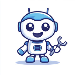 Fototapeta premium A cute robot holding an open wrench, in a simple flat style illustration logo design with a white background and blue color scheme.