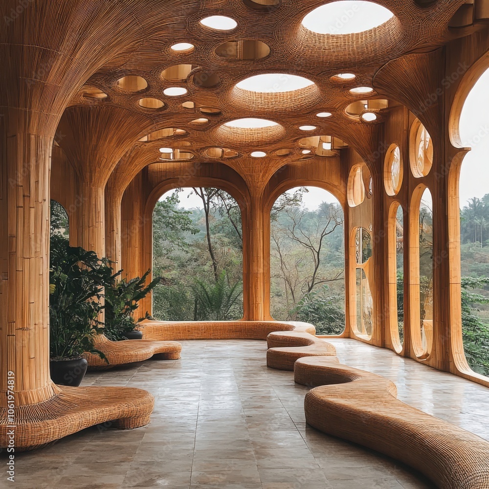 Poster exploring sustainable bamboo architecture the intersection of biophilic design and nature's harmony 