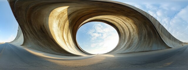 Winding concrete tunnel with a view of the sky