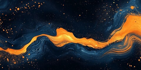Grainy noisy abstract poster background, dark blue orange yellow color wave black backdrop vibrant header banner design, Generative AI