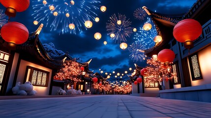 Obraz premium Festive Lanterns and Fireworks in a Night Market Scene