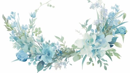 Floral wreath with pale blue flowers and green foliage in a soft watercolor style, isolated on white for postcards, banners
