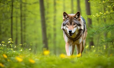 Portrait of grey wolf in the forest