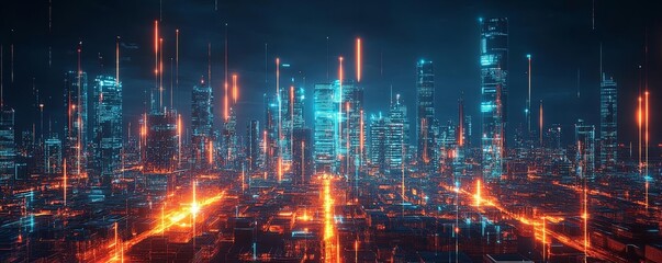 Fototapeta premium Advanced cityscape with bright connected networks, smart city powered by IoT, 5G, and AI, futuristic infrastructure glowing in a dark urban environment