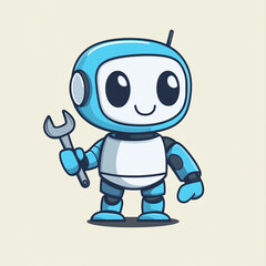 Fototapeta premium A cute robot holding an open wrench, in a simple flat style illustration logo design with a white background and blue color scheme.