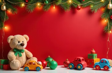 Festive Christmas scene with a teddy bear, toy cars, colorful ornaments, and presents against a red background, framed by pine branches and string lights