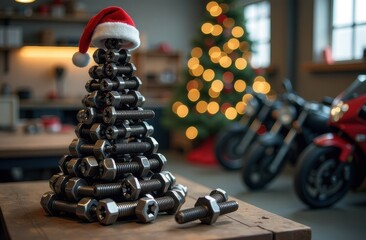 Stack of bolts and nuts arranged in a Christmas tree shape with a Santa hat on top, in a workshop setting with motorcycles in the background and festive bokeh lights