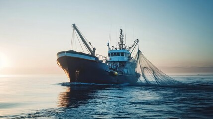 Obraz premium A fishing boat casting nets into calm waters at sunrise.