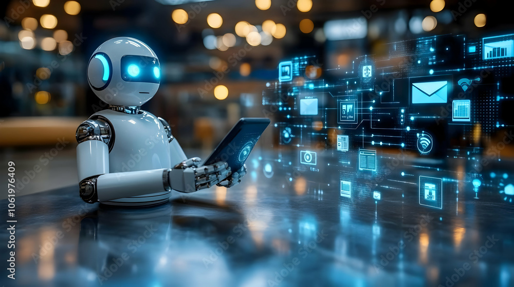 Poster robot using smartphone with digital network illustration