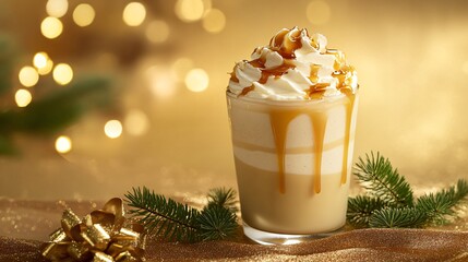 Eggnog with a touch of caramel syrup, isolated on a golden backdrop with sprigs of pine and a festive ribbon