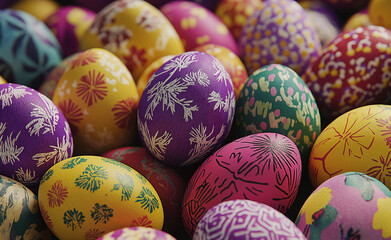A row of colorful, hand-painted Easter eggs with floral patterns arranged on a table, with yellow flowers in the background.